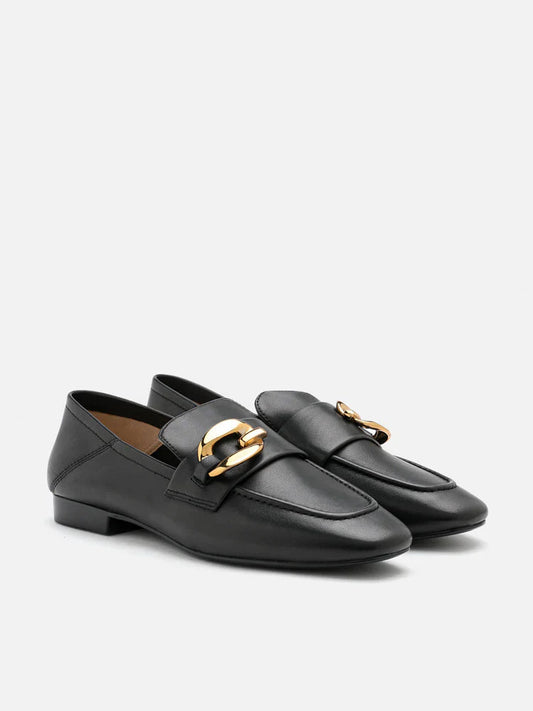 PAZZION, Sophia Gold Buckle Loafers, Black