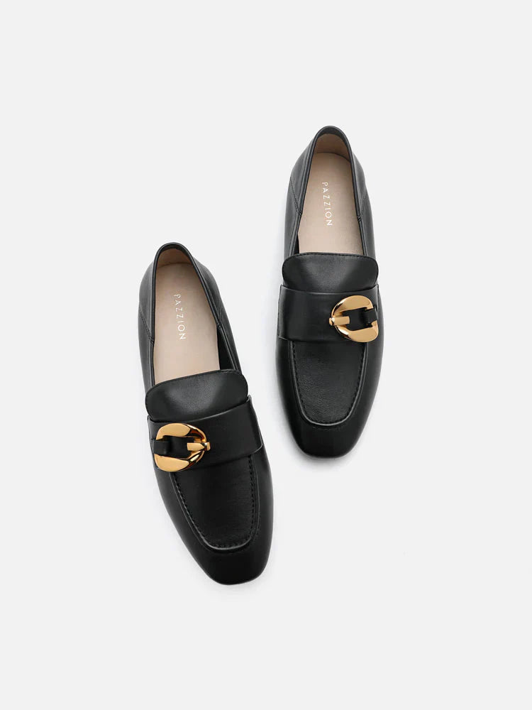 PAZZION, Sophia Gold Buckle Loafers, Black