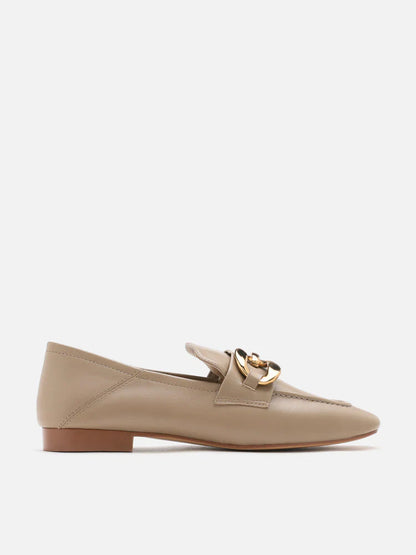 PAZZION, Sophia Gold Buckle Loafers, Khaki