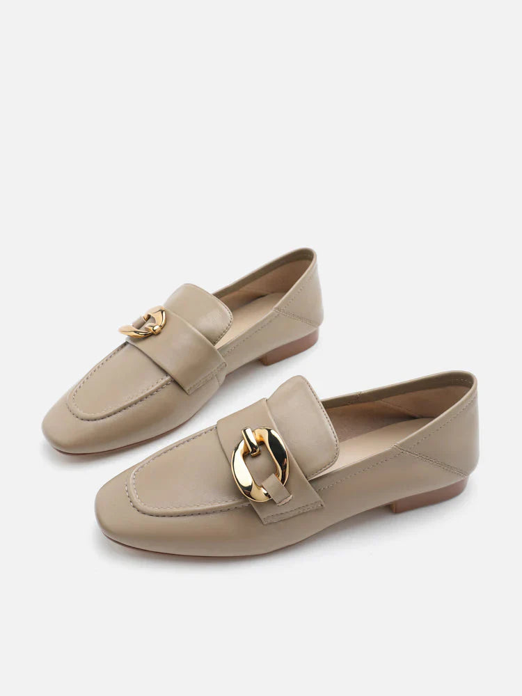 PAZZION, Sophia Gold Buckle Loafers, Khaki