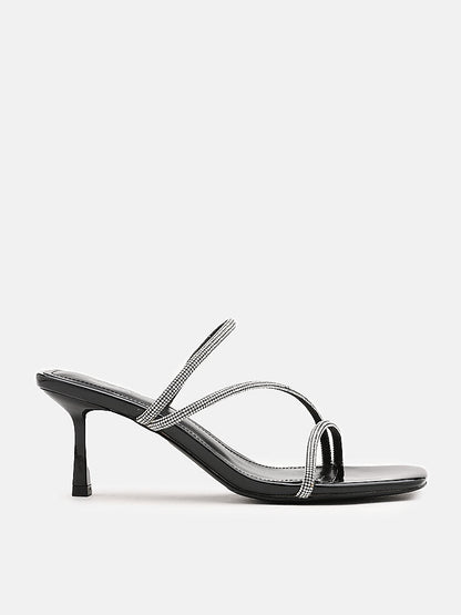 PAZZION, Stacey Strappy Silver Sparkly Open Toe Heels, Black