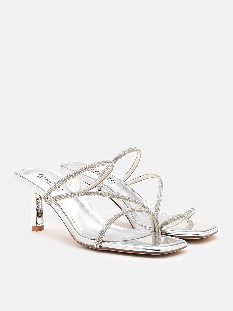 PAZZION, Stacey Strappy Silver Sparkly Open Toe Heels, Silver