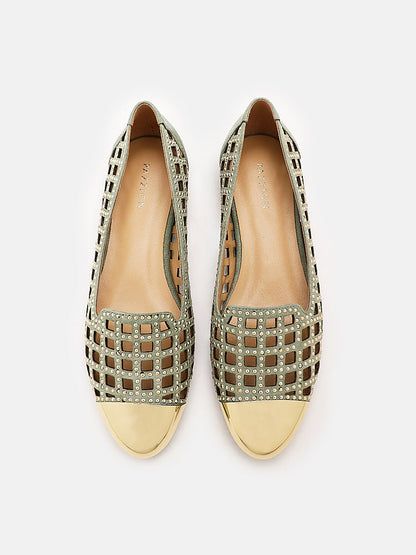 PAZZION, Starling Metal Toe Studs Embellished Flats, Green