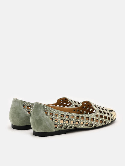 PAZZION, Starling Metal Toe Studs Embellished Flats, Green