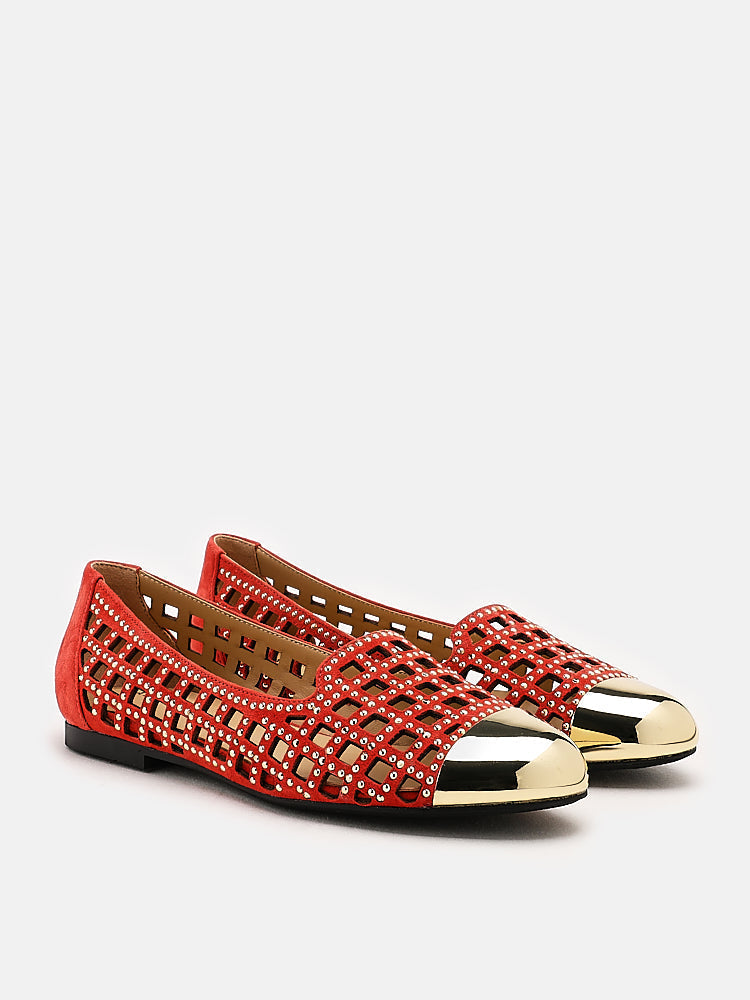 PAZZION, Starling Metal Toe Studs Embellished Flats, Orange