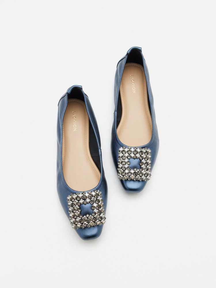 PAZZION, Tanya Embellished Buckle Flats, Darkblue