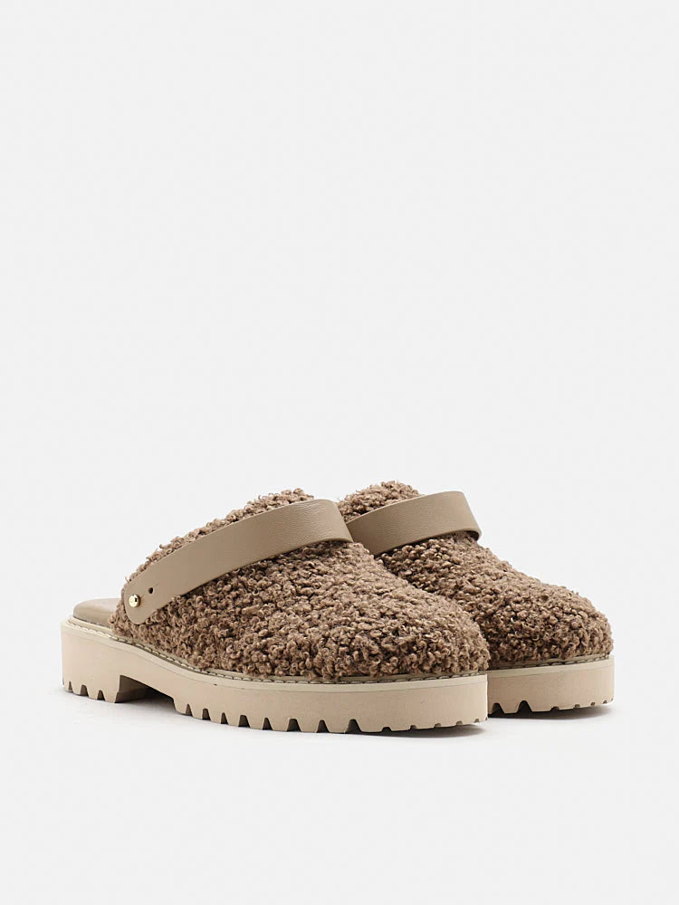 PAZZION, Tessa Strapped Fur Mules, Khaki