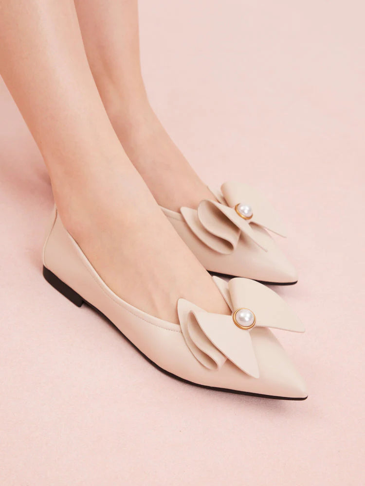 PAZZION, Tilda Pearl Bow Pointed Toe Flats, Beige