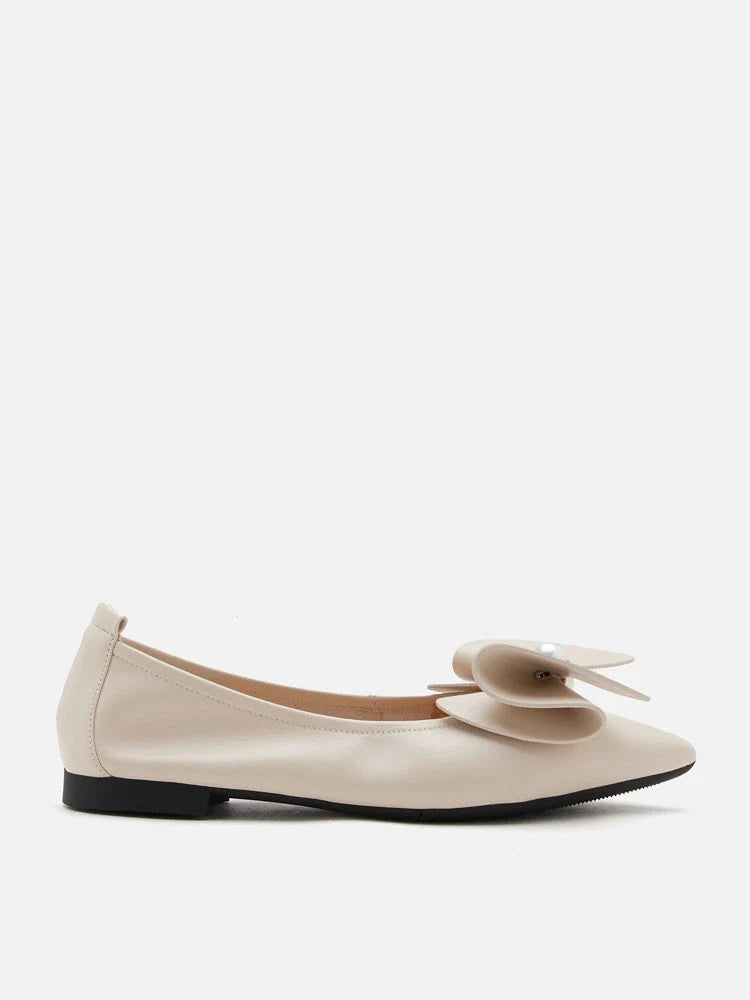 PAZZION, Tilda Pearl Bow Pointed Toe Flats, Beige