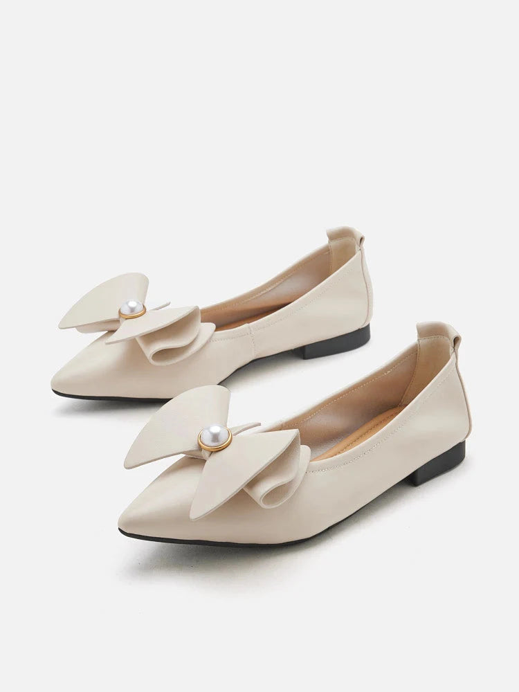 PAZZION, Tilda Pearl Bow Pointed Toe Flats, Beige