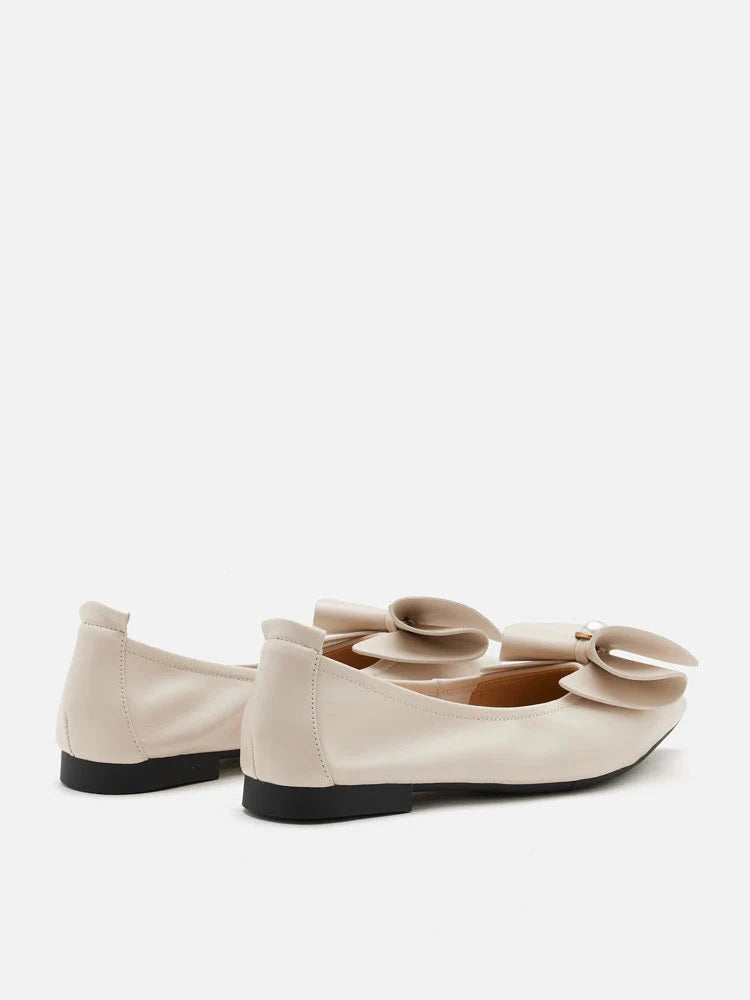 PAZZION, Tilda Pearl Bow Pointed Toe Flats, Beige