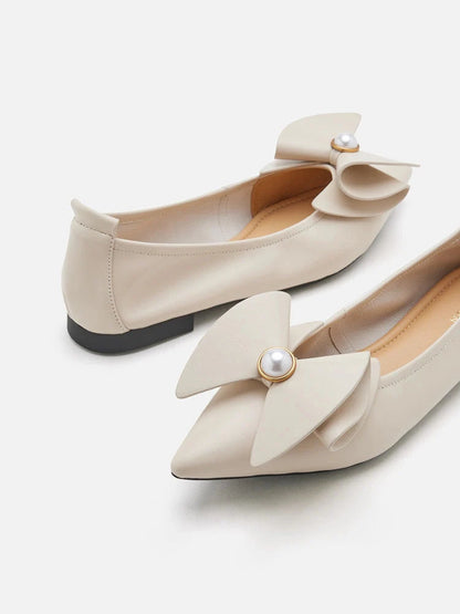 PAZZION, Tilda Pearl Bow Pointed Toe Flats, Beige