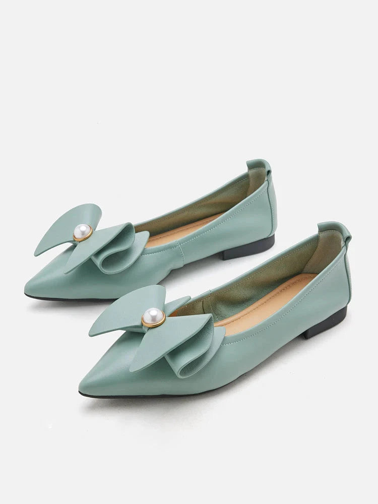 PAZZION, Tilda Pearl Bow Pointed Toe Flats, Green