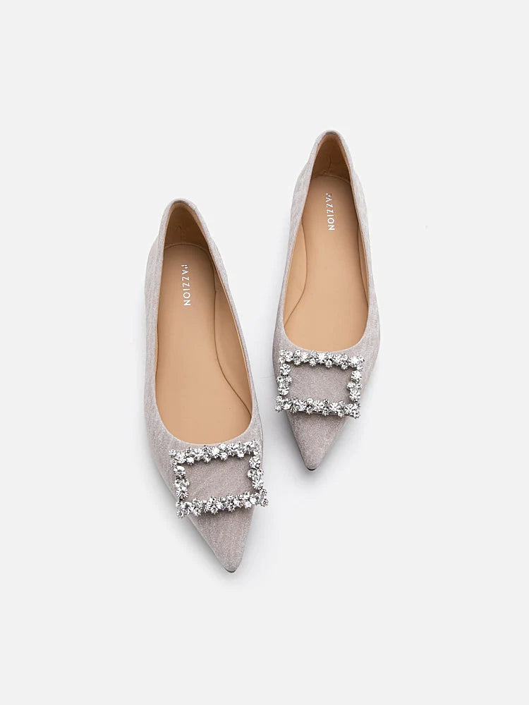 PAZZION, Tillie Crystal Embellished Buckle Glitter Flats, Champagne