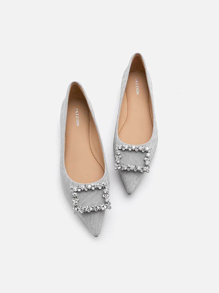 PAZZION, Tillie Crystal Embellished Buckle Glitter Flats, Silver