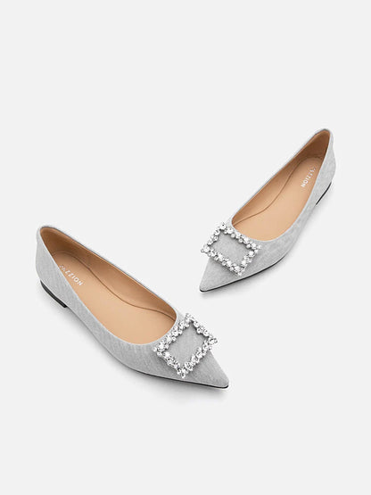 PAZZION, Tillie Crystal Embellished Buckle Glitter Flats, Silver