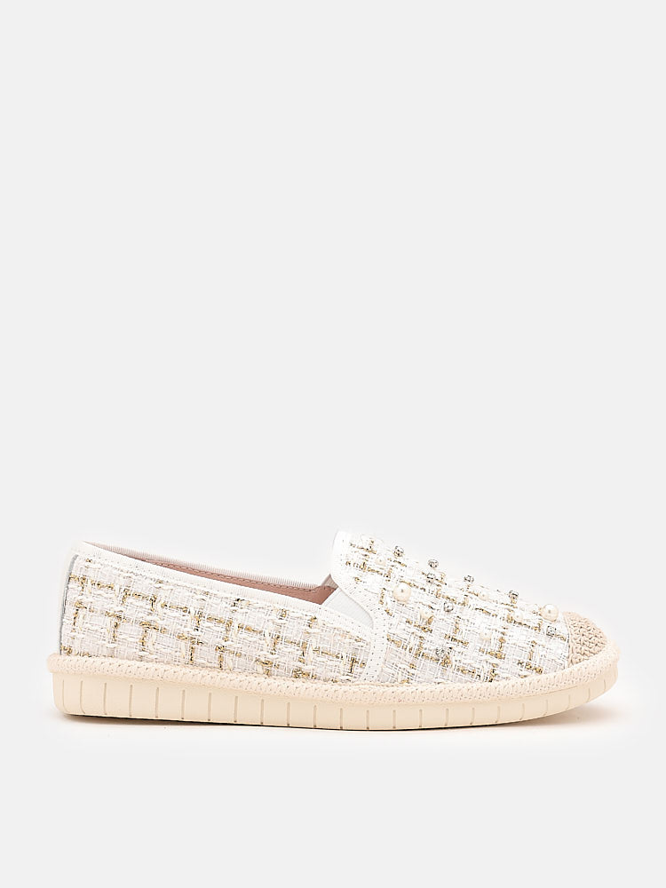 PAZZION, Tinsley Pearl Glittering Tweed Espadrilles, Beige