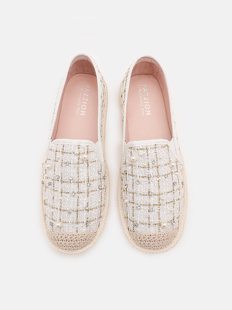 PAZZION, Tinsley Pearl Glittering Tweed Espadrilles, Beige