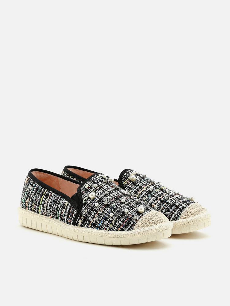 PAZZION, Tinsley Pearl Glittering Tweed Espadrilles, Black