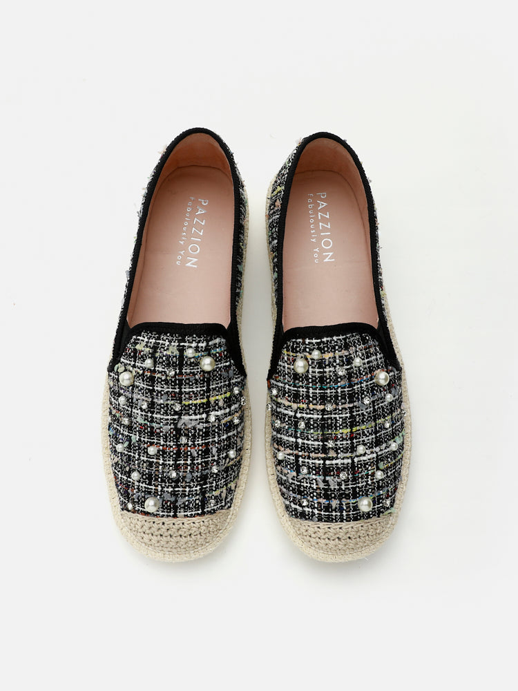 PAZZION, Tinsley Pearl Glittering Tweed Espadrilles, Black