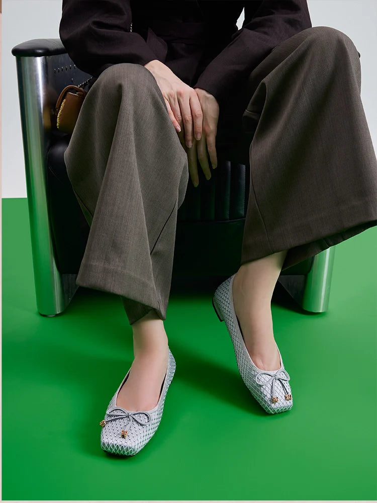 PAZZION, Tory Crystal Grid Bow Flats, Grey