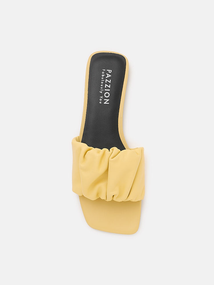 PAZZION, Trina Ruched Leather Slip On Slides, Yellow