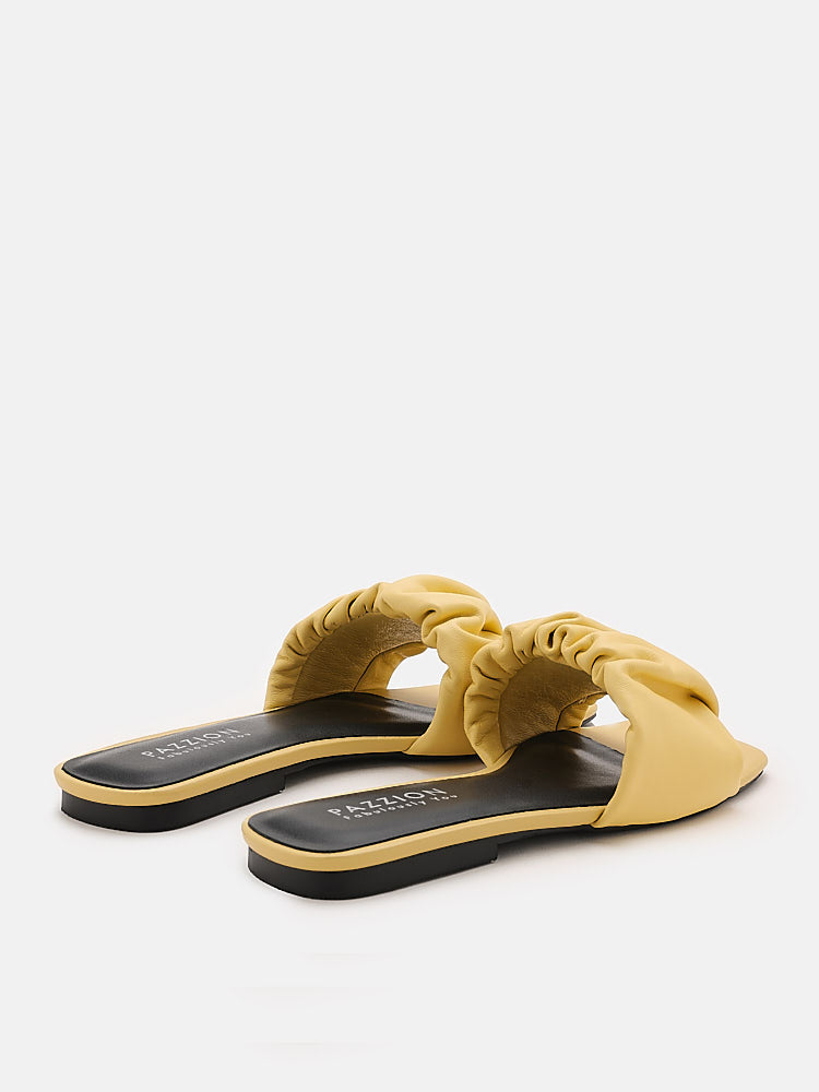 PAZZION, Trina Ruched Leather Slip On Slides, Yellow