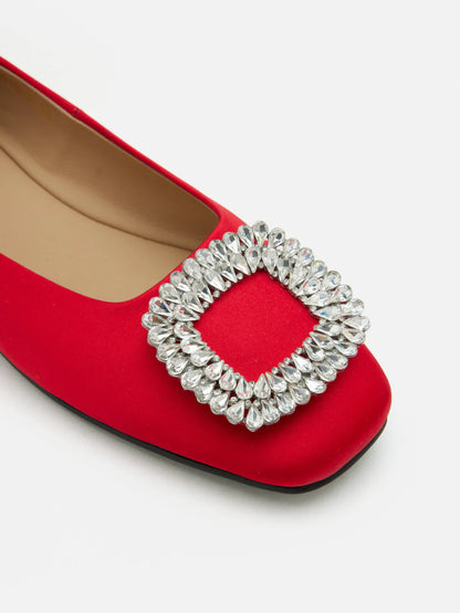 PAZZION, Ulyana Teardrop Crystal Buckle Flats, Red