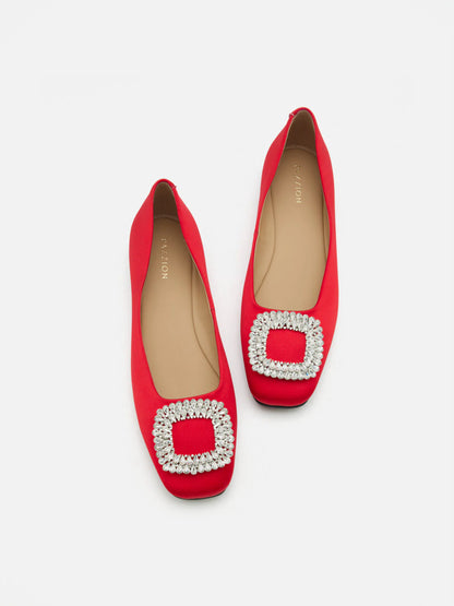 PAZZION, Ulyana Teardrop Crystal Buckle Flats, Red