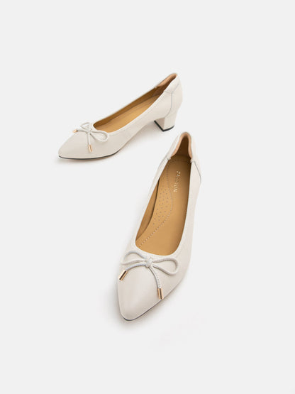 PAZZION, Una Ribbon Low Block Heels, Beige