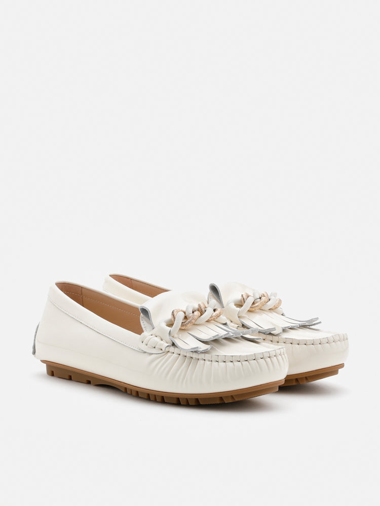 PAZZION, Vera Chain Linked Patent Leather Moccasins, Beige