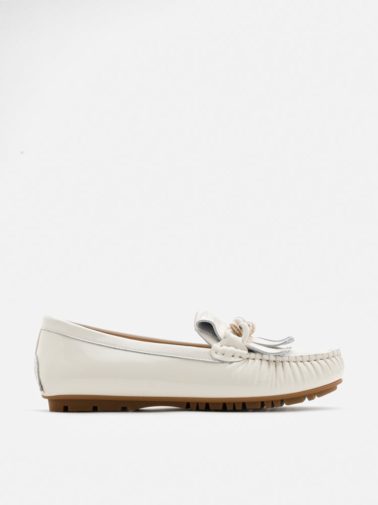 PAZZION, Vera Chain Linked Patent Leather Moccasins, Beige