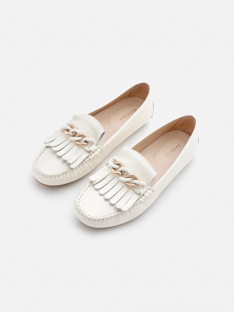 PAZZION, Vera Chain Linked Patent Leather Moccasins, Beige