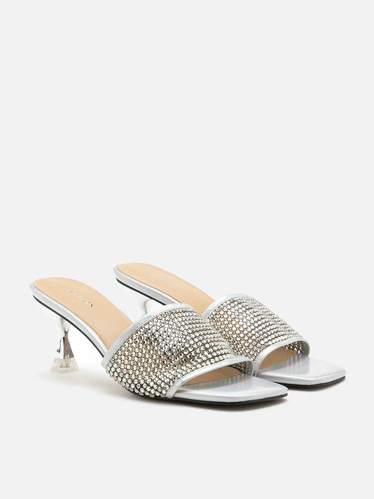 PAZZION, Vienna Crystal Embellished Heel Sandals, Silver