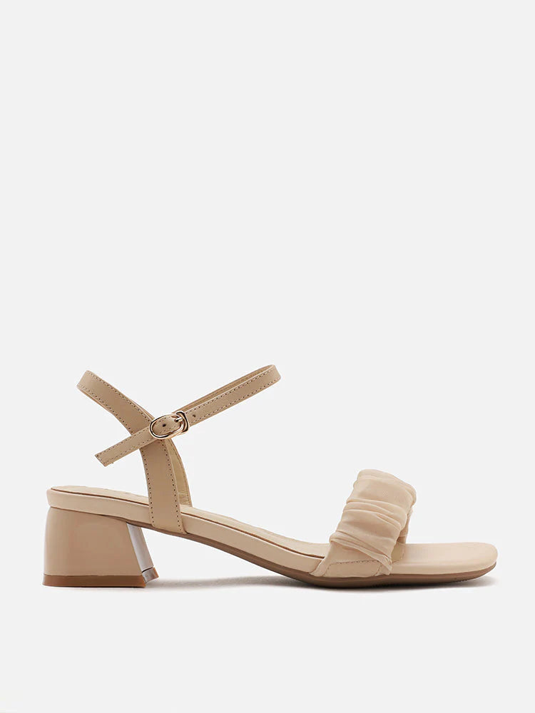 PAZZION, Violette Ruched Leather Heels, Almond