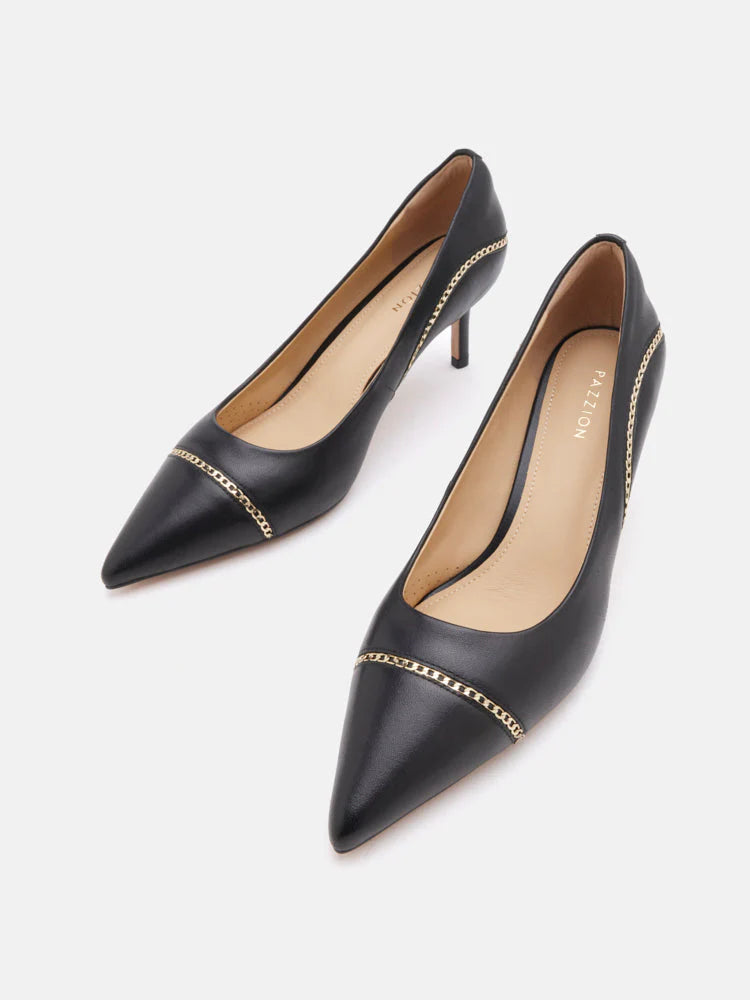 PAZZION, Viv Chain-Trimmed Pointed Leather Flats, Black