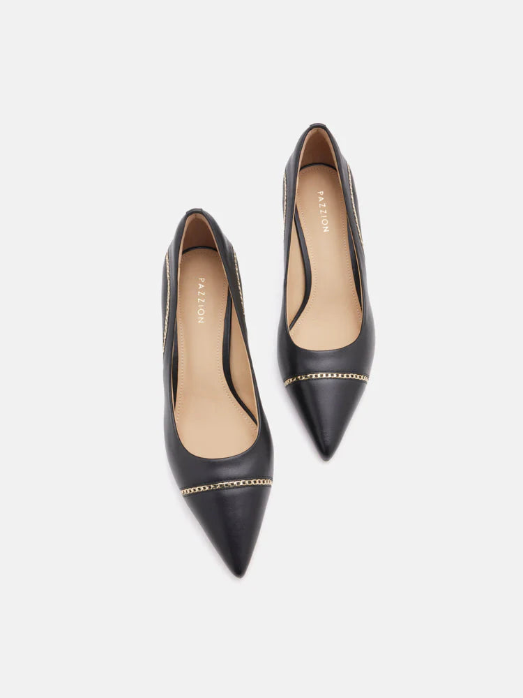 PAZZION, Viv Chain-Trimmed Pointed Leather Flats, Black