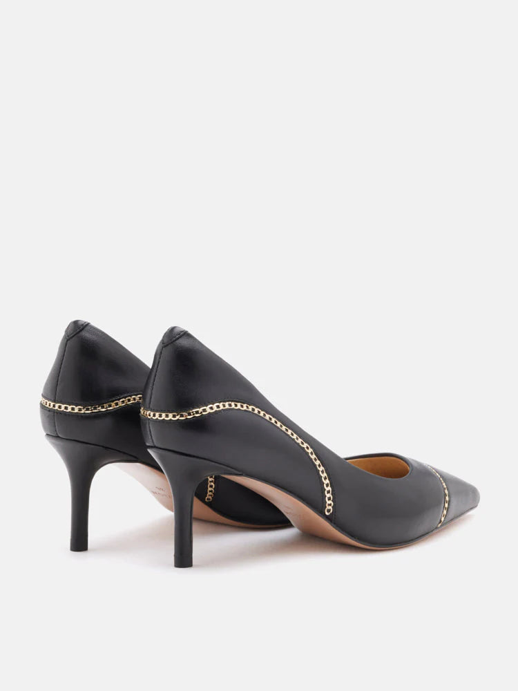PAZZION, Viv Chain-Trimmed Pointed Leather Flats, Black