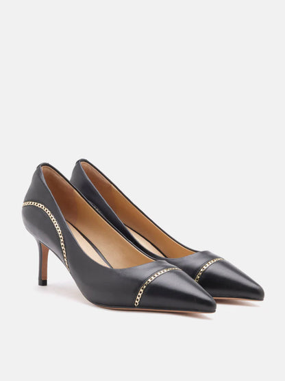 PAZZION, Viv Chain-Trimmed Pointed Leather Flats, Black