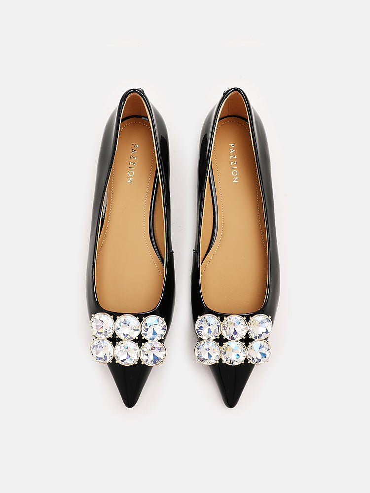 PAZZION, Vivier Oversized Crystal Embellished Buckle Flats, Black