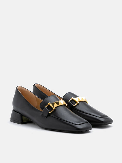 PAZZION, Winne Studded Buckle Loafer Heels, Black