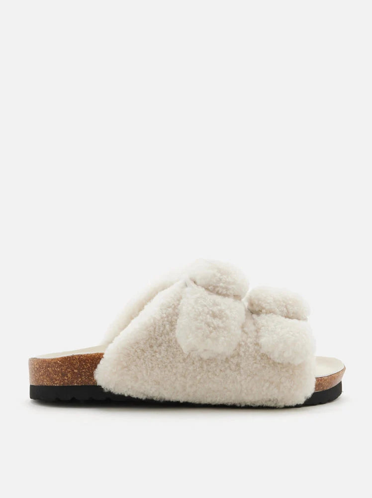 PAZZION, Winnie Buckle Detailed Wool Slides, Beige