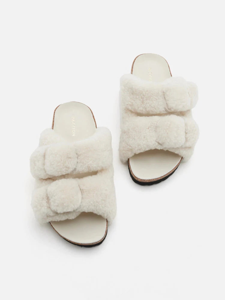 PAZZION, Winnie Buckle Detailed Wool Slides, Beige