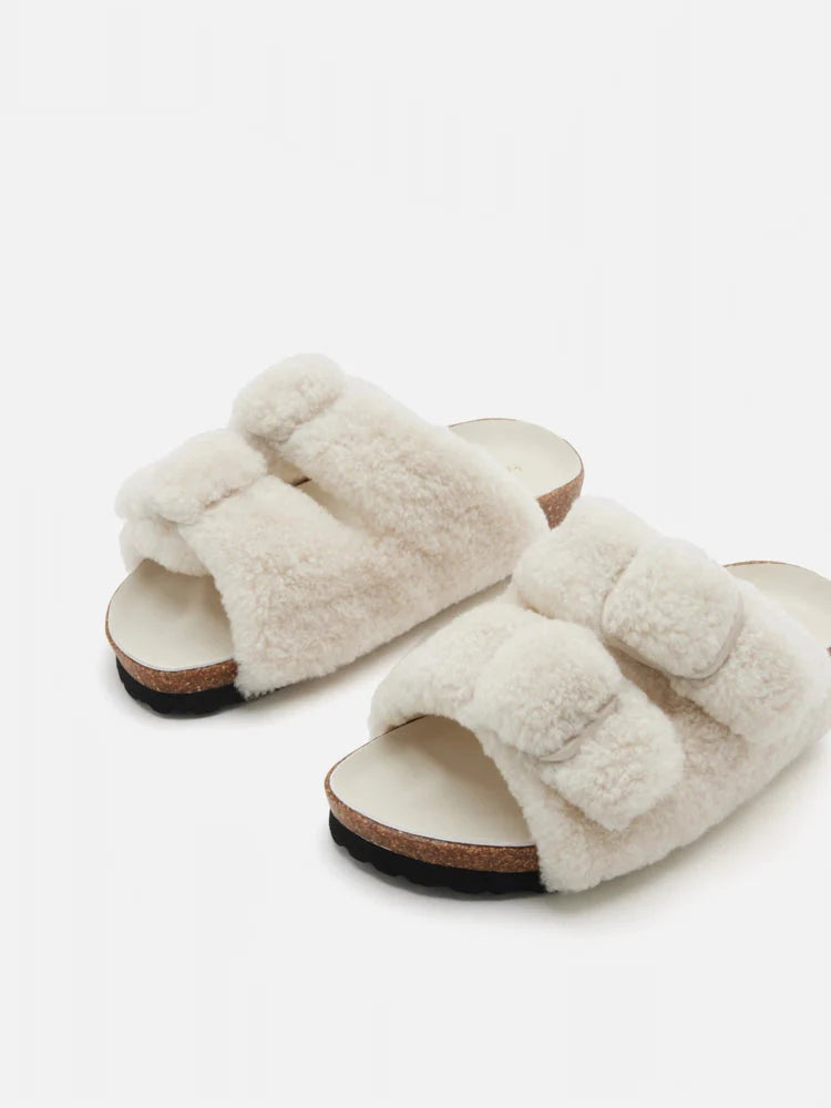 PAZZION, Winnie Buckle Detailed Wool Slides, Beige