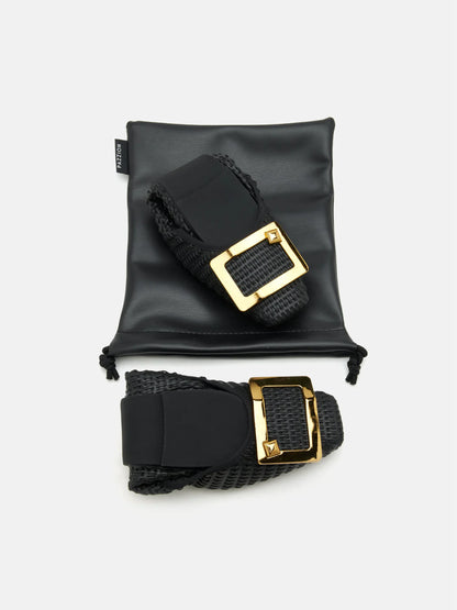 PAZZION, Wren Buckle Woven Foldable Flats, Black