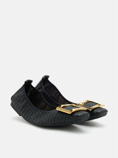 PAZZION, Wren Buckle Woven Foldable Flats, Black