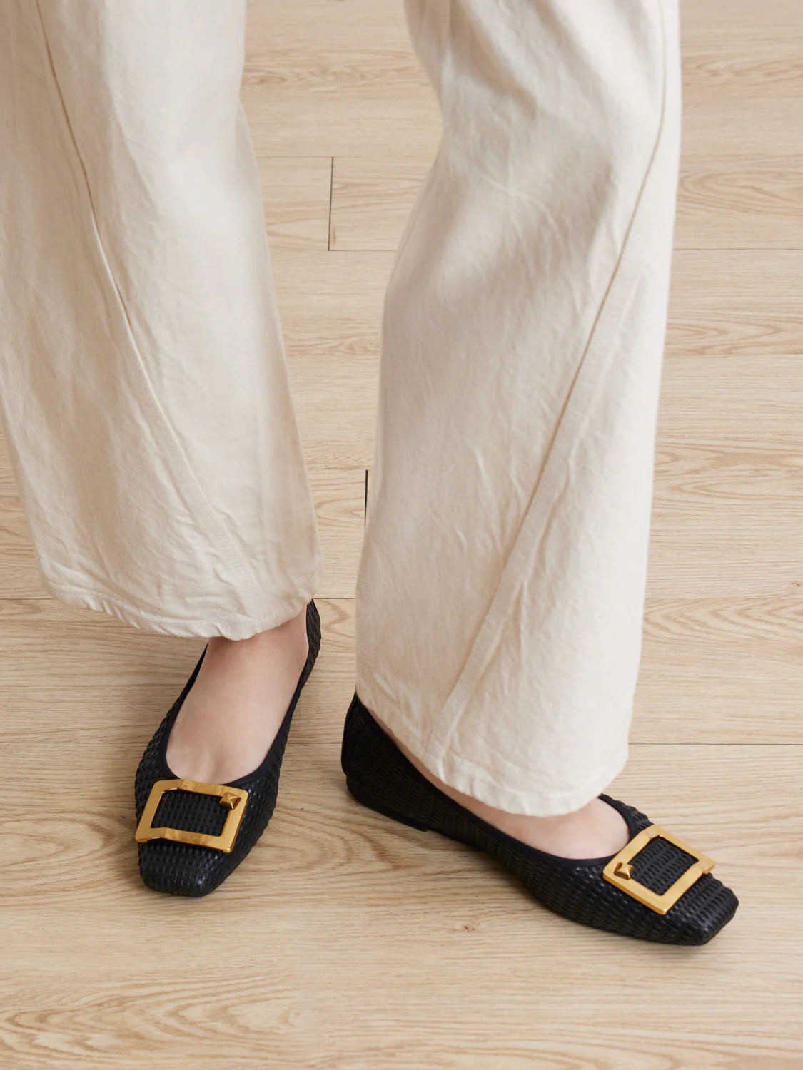 PAZZION, Wren Buckle Woven Foldable Flats, Black