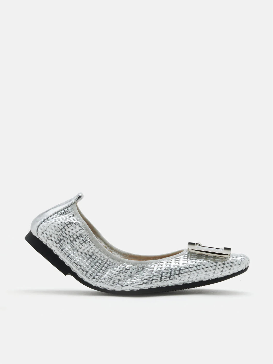 PAZZION, Wren Buckle Woven Foldable Flats, Silver