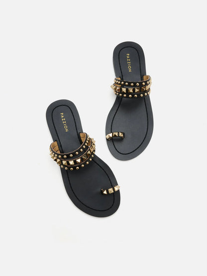 PAZZION, Wynna Studded Toe-Ring Slides, Black
