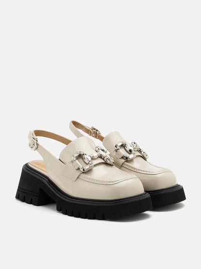 PAZZION, Yasmin Diamante Embellished Buckle Slingback Loafers, Almond